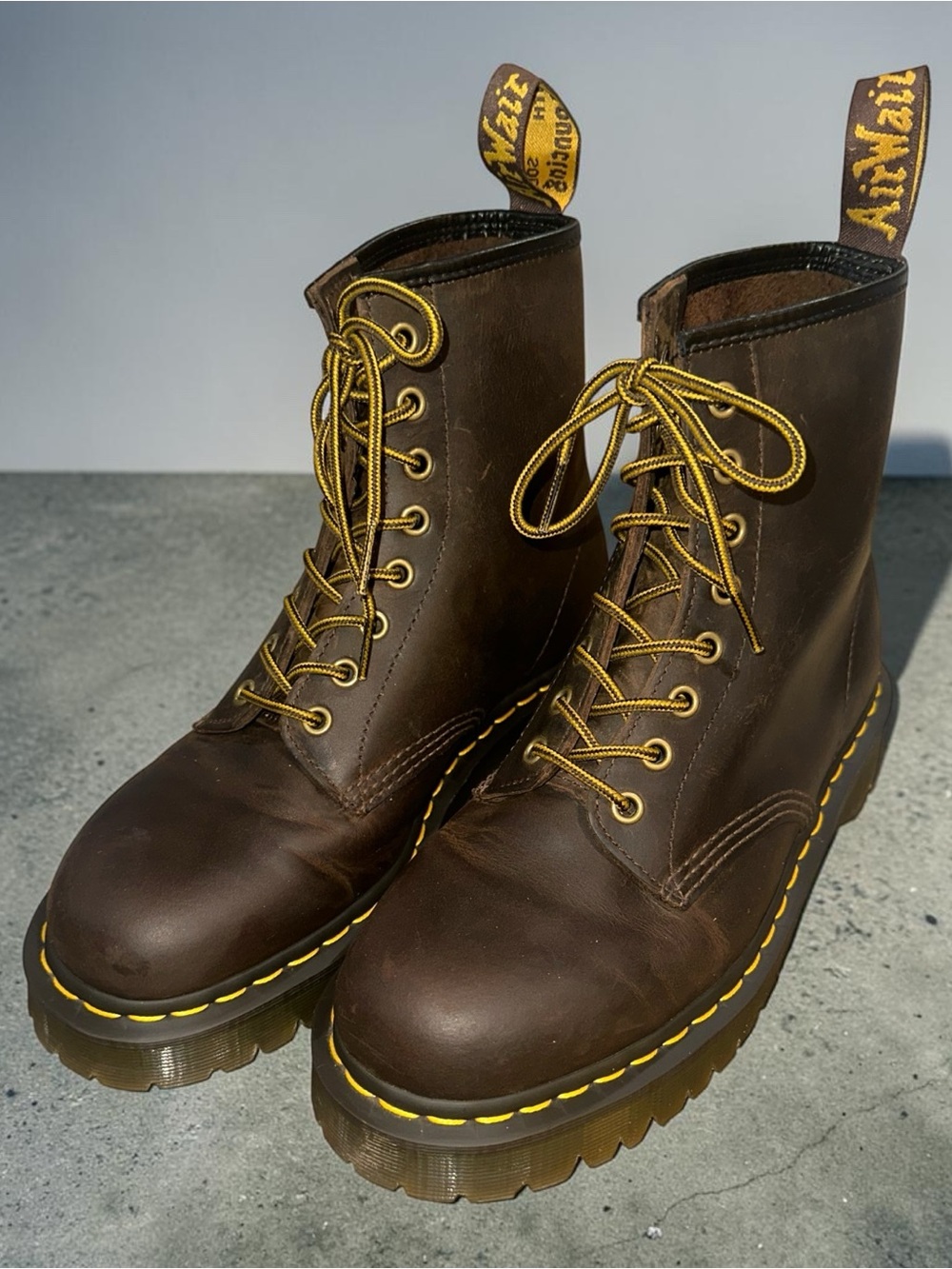 Dr. Martens Brown Leather 8-Eye Lace-Up Boots with Yellow Stitching